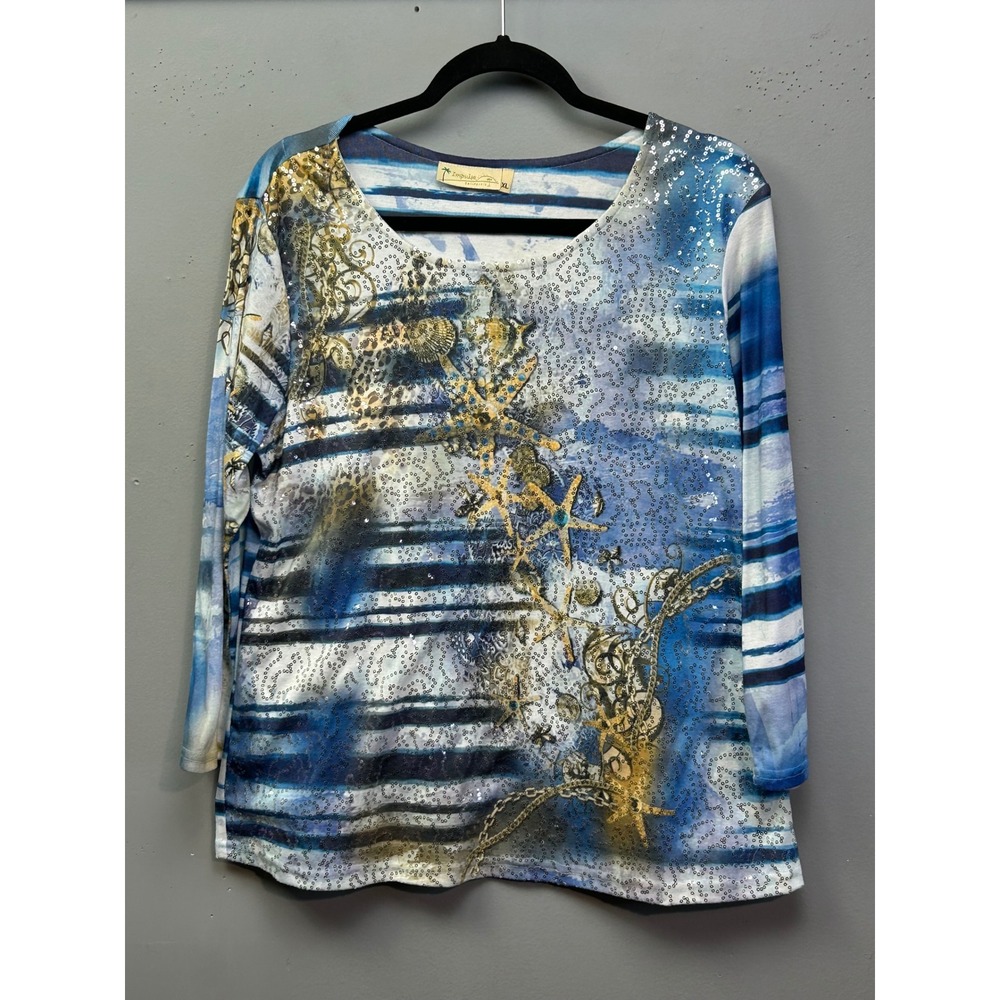 Impulse California Top Womens XL Blue Nautical Starfish Sequin Stripe 3/4 Sleeve